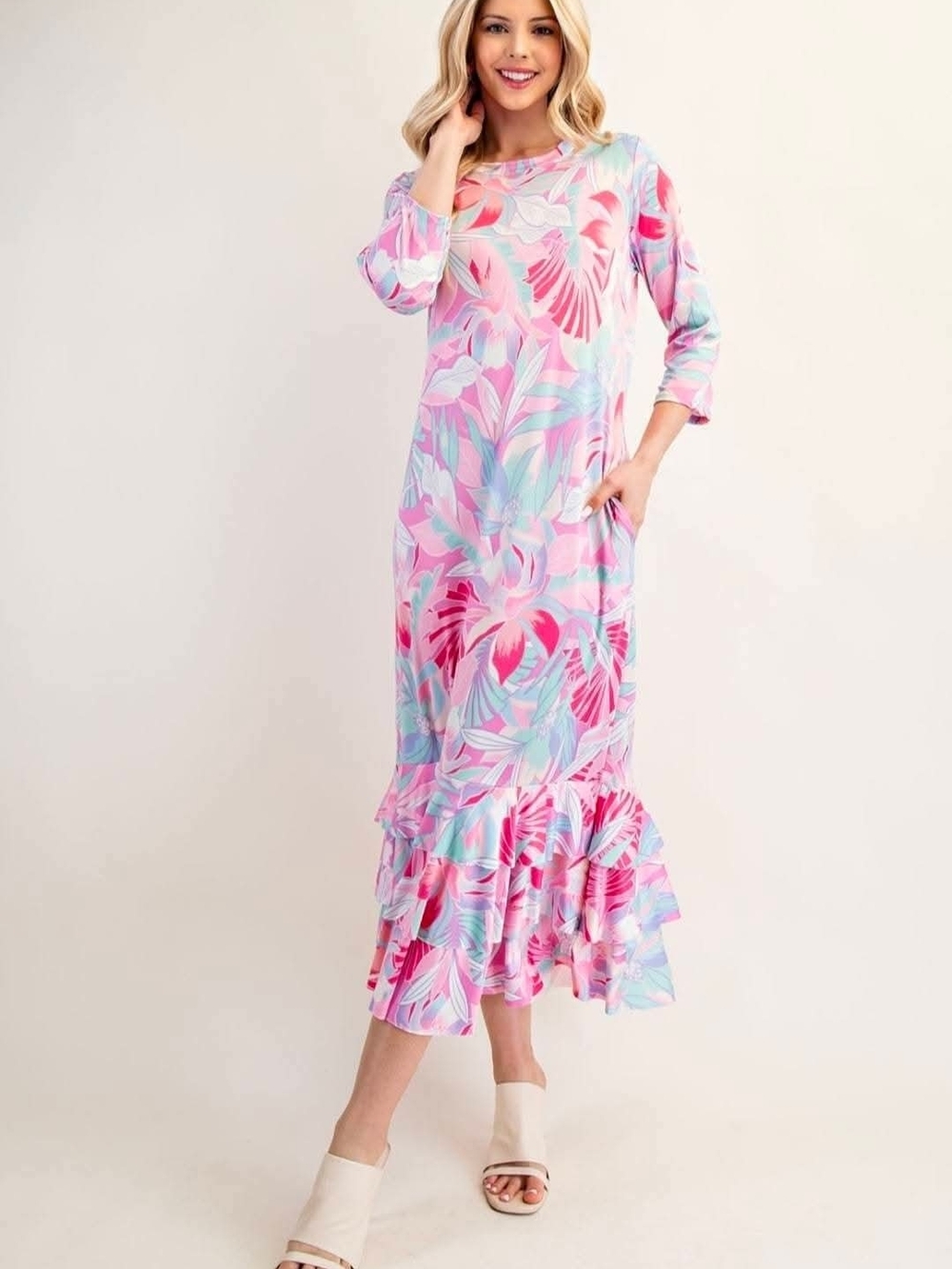 Celeste Pink Floral Ruffle Hem Midi Dress